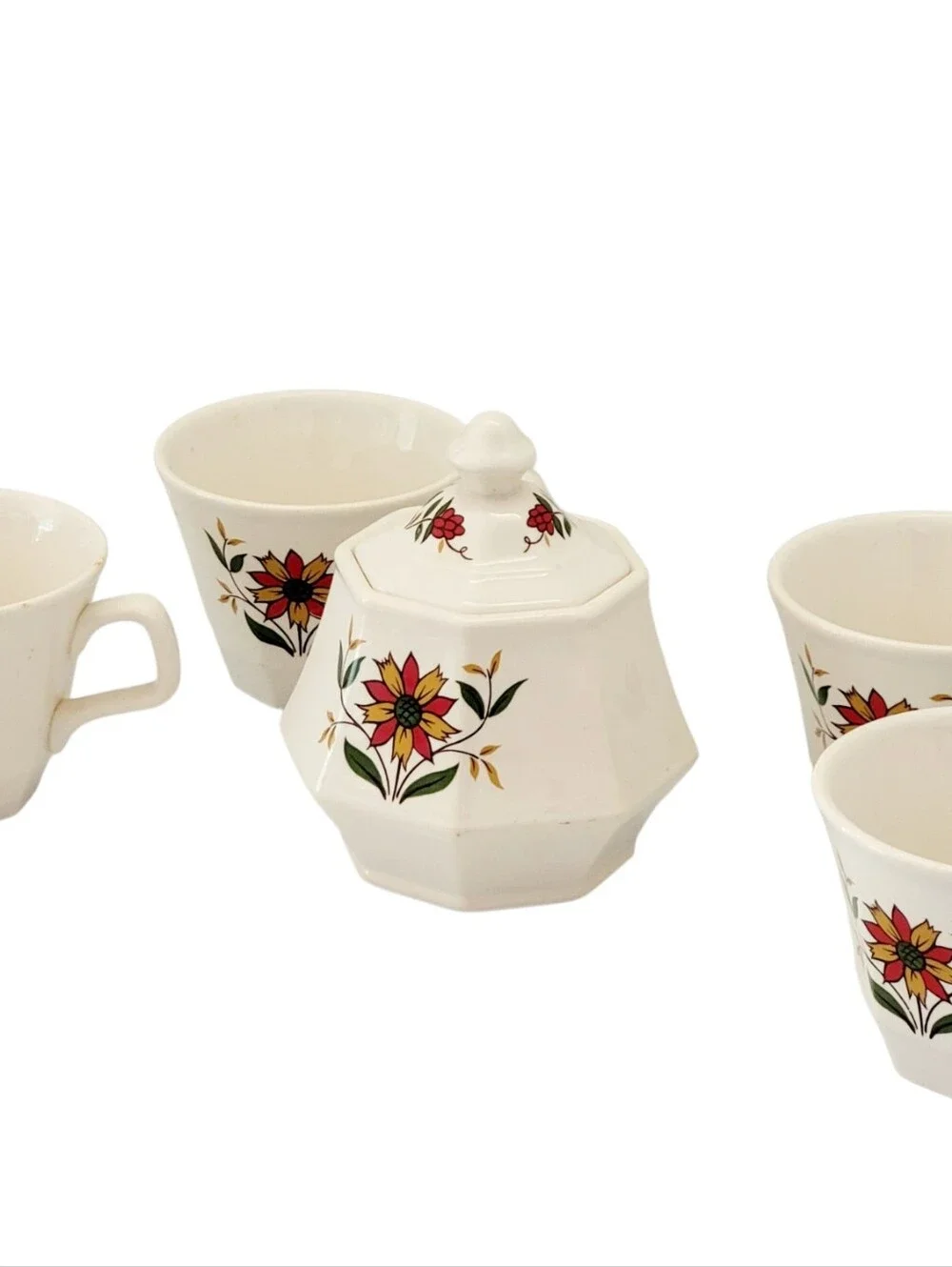 (Lot Of 5) Homer Laughlin Bayberry Floral Ironstone Pieces Sugar Bowl/Lid / Cups